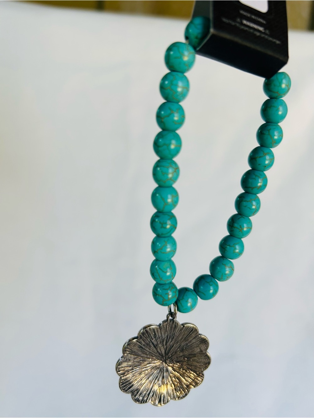 Turquoise Beaded bracelet with Silver Floral Pendant - Women Jewelry